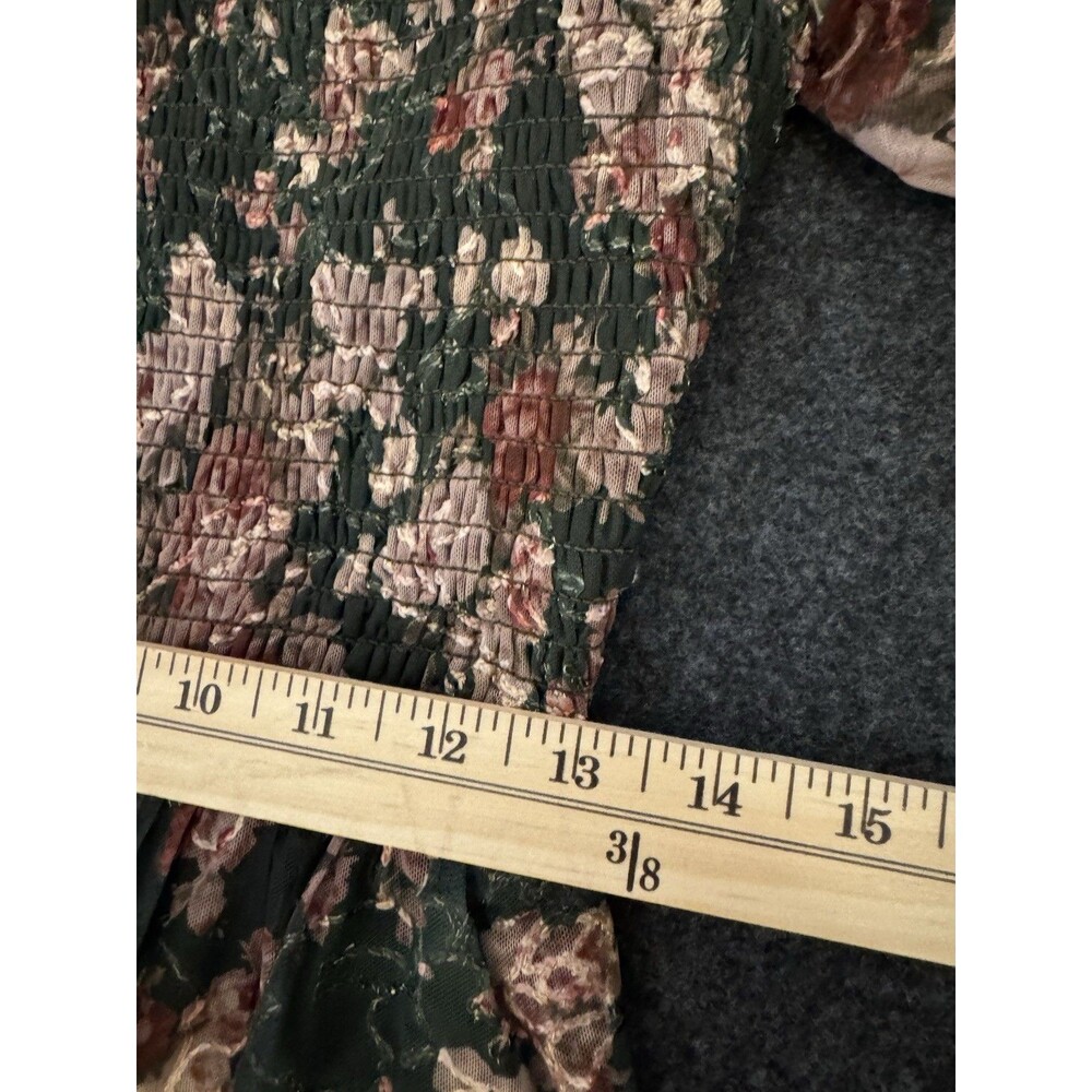 Baltic Born Floral Smocked Midi Dress Green Pink Short Sleeve Zip Closure M - Picture 6 of 8